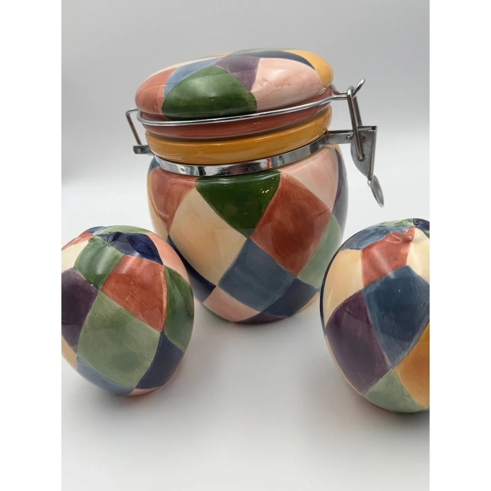 Tabletops Unlimited Carnival Ceramic‎ Canister and Salt Pepper Shakers Set 3pc
